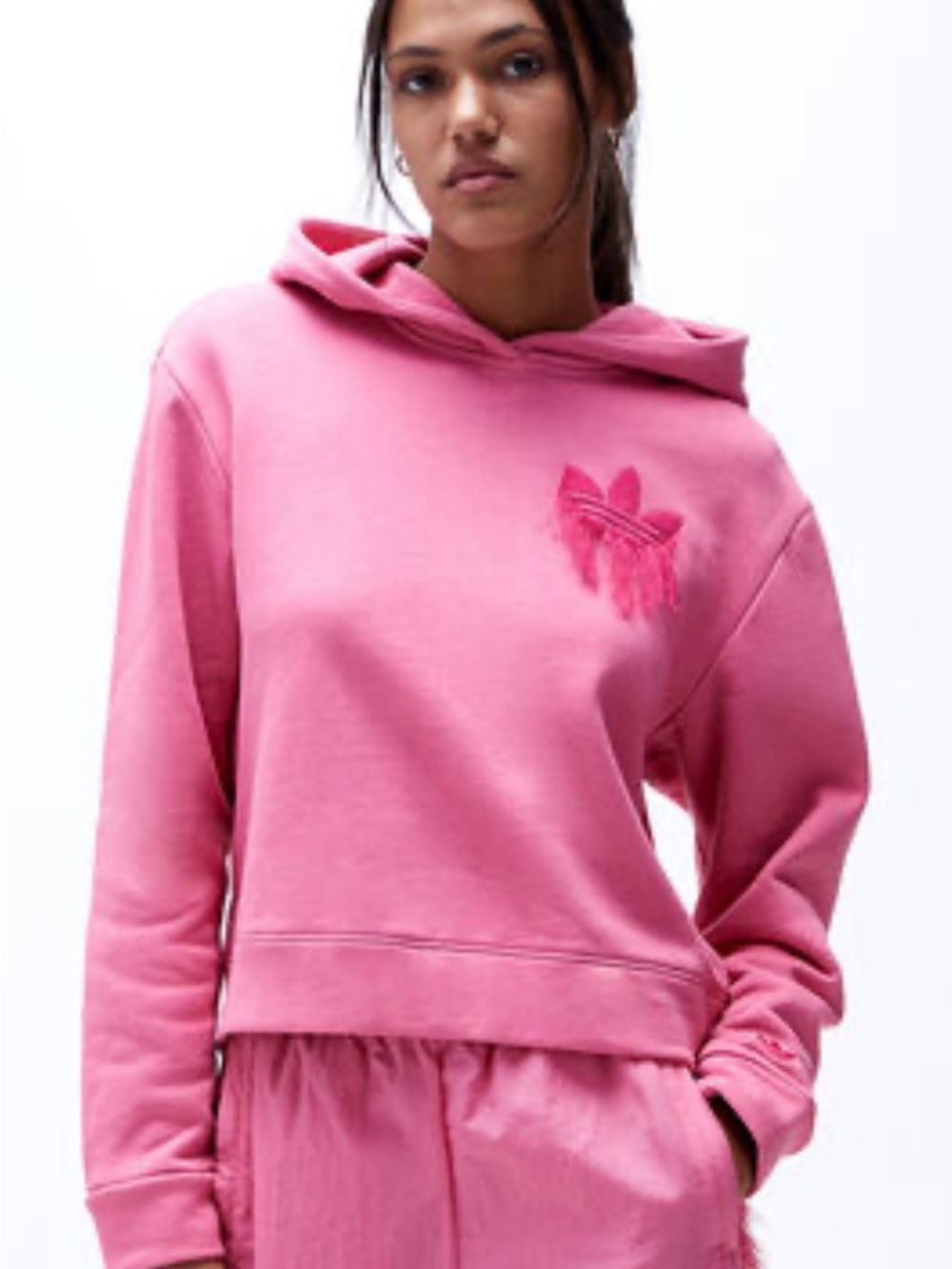Adidas Originals Pink Cropped Fringe Trefoil Hoodie